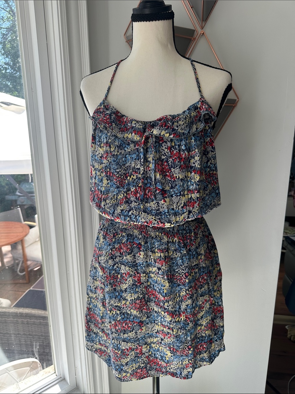 PARKER 100% Silk Floral Ruffle Halter Summer Short Dress Blue Red Yellow Medium